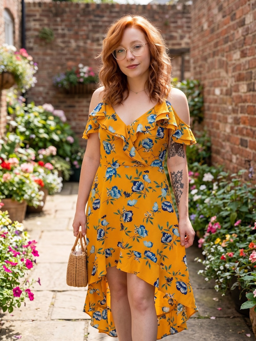☀️ BCX • Yellow Floral Ruffle Cold-Shoulder High-Low Dress • Juniors 9 or WM 8